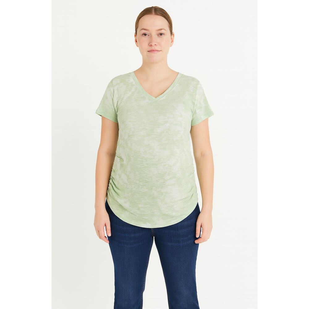 A Glow Maternity Women’s Tie-Dye V-Neck Tee Shirt –Size XL, Light Green & White